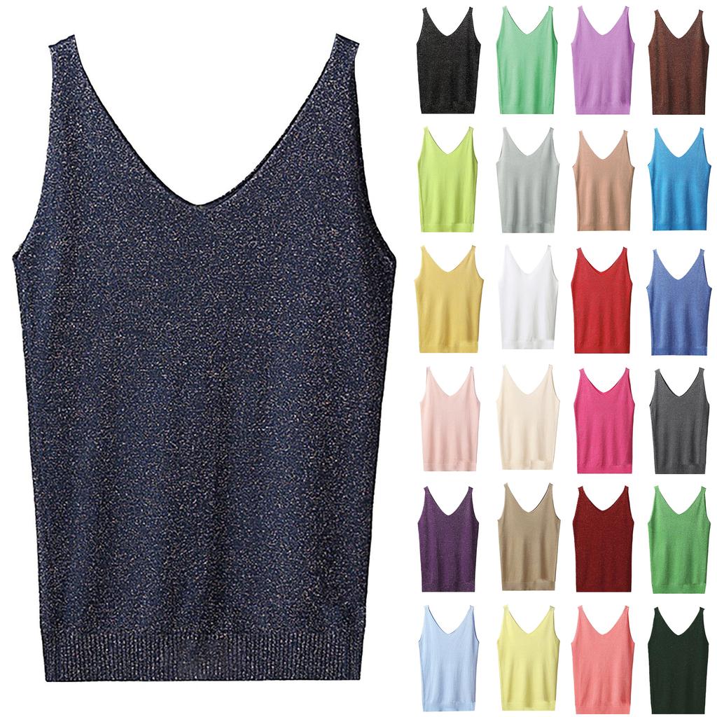 Women's Tank Top With Knitted Sequins Sexy Sleeveless V Neck Tank Top T-Shirt Casual Sequins Strappy T-Shirt Elegant Blouse