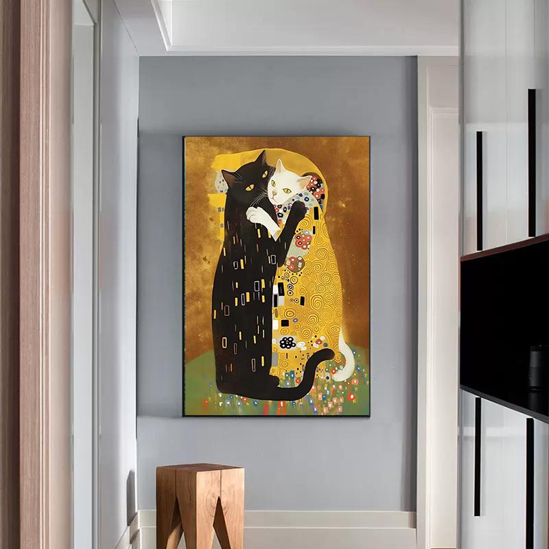 Vintage Creative Parody Style Print Wall Art Pictures Painting Living Room Home Decoration Cat Kitty Klimt Kiss Canvas Poster