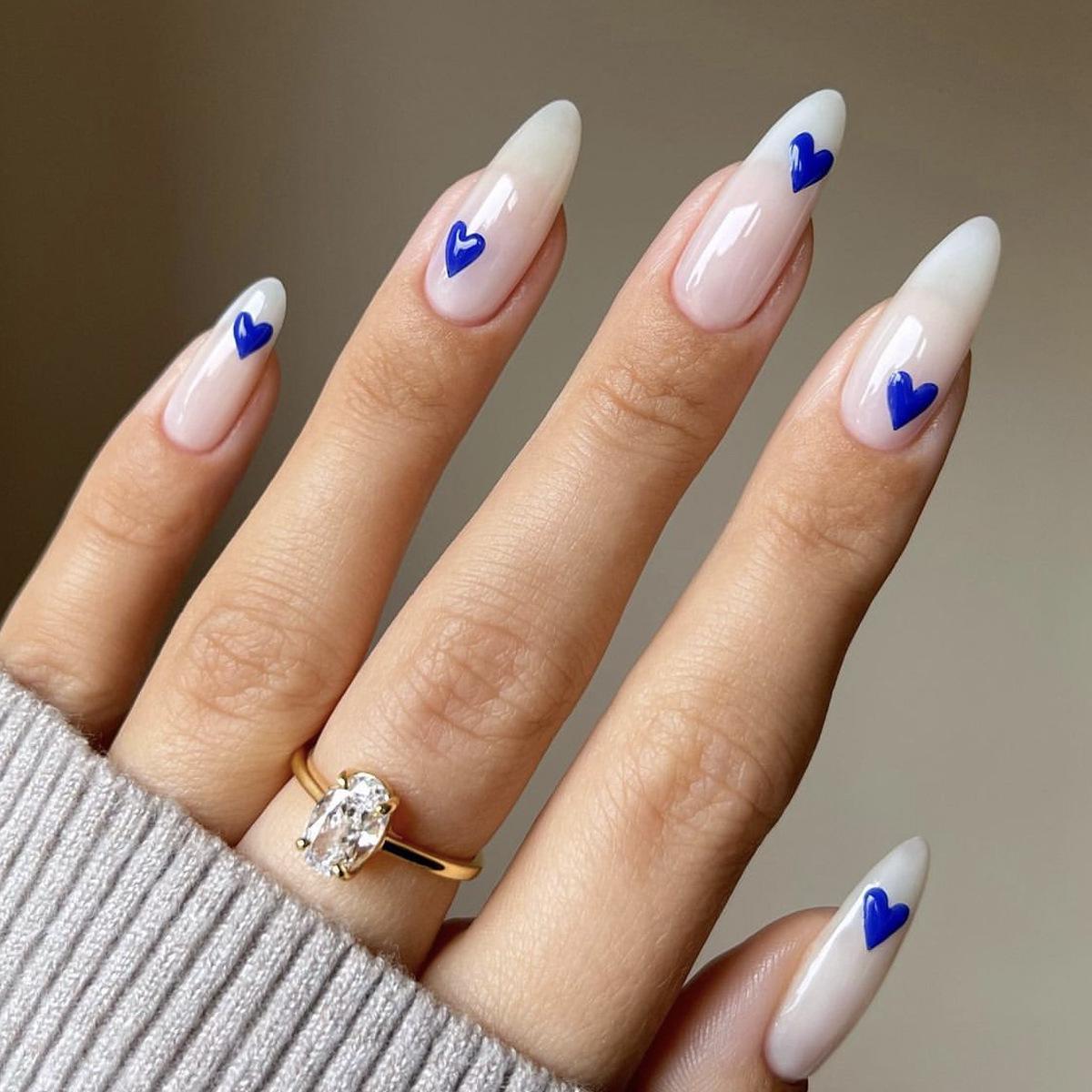 

Milky White Almond Blue Heart Removable Wearable False Nail Art Patches