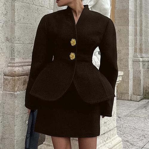 Autumn and winter retro burgundy woolen v-neck long-sleeved suit short straight skirt women's fashion casual two-piece set