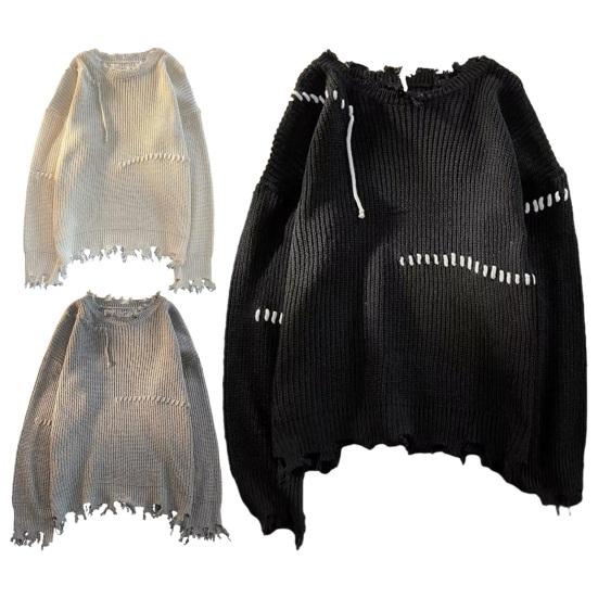 Herren Herbst und Winter Broken Holes Großer Langarmpullover Strickpullover Rundhals Lockeres Oberteil Lässiger Sport-Retropullover