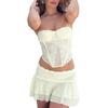Women Mesh Lace Tube Top Skirt Set Pure Color Strapless Off Shoulder Top Low Waist Layered Mini Skirt Light Yellow S