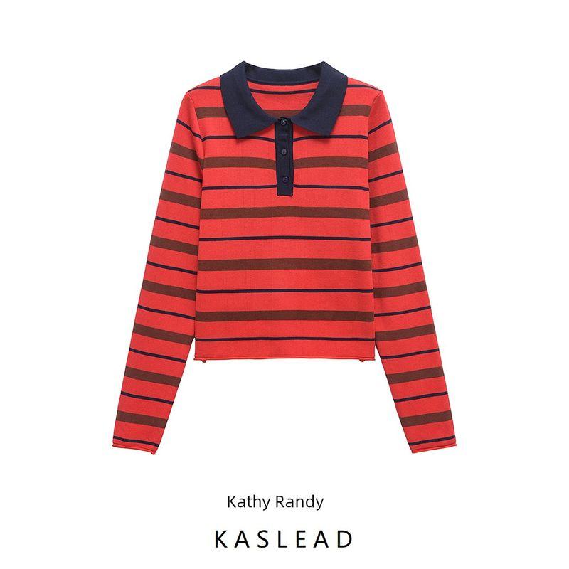 Kaslead New Women clothes Western Style Stripe Polo Shirt Collar Long sleeve Simple Knit 5536018
