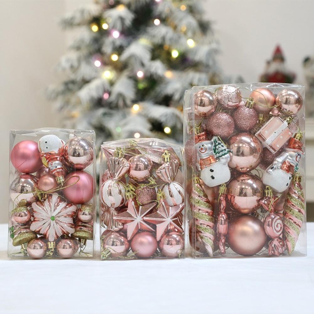 Christmas Baubles Set Rose Gold Color for Indoor Outdoor Decoration Includes Various Shapes for Festive Atmosphere