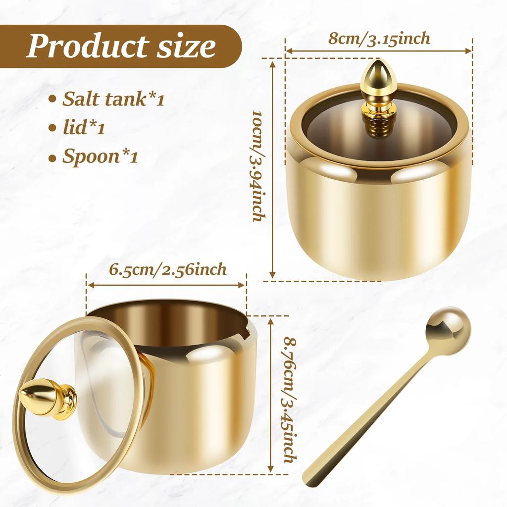 10oz Sugar Jar 304 Stainless Steel Seasoning Container with Clear Glass Lid&Spoon Multifunctional Pot for Salt Candy Coffee Bean