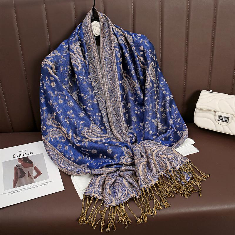 Luxury Tassel Blanket Design Thick Jacquard Pashmina Hijab Winter Warm Shawl Wrap Cashmere Scarf Women Neckerchief Poncho Stoles