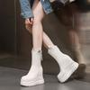 Damen Kniehohe Stiefel Keilabsatz Plateau Klobiger Absatz Runde Spitze Seitenreißverschluss Mode Lange Hohe Socke Motorrad Kampfgoth Stiefel für Damen
