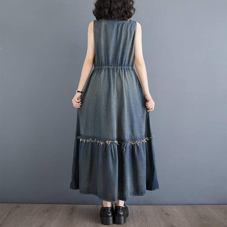 Oversized Summer Denim Dress Plus Size Women Sleeveless Vintage Long Casual Loose Pleated Dress