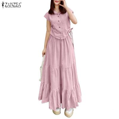 Women Summer Short Sleeve Blouse and Long Skirts Casual Two Piece Suit Sets