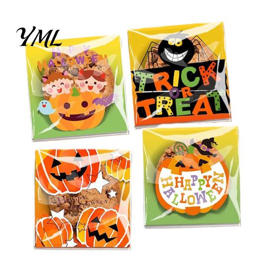 Small Plastic Bags for Treats 100 Pcs Halloween Treat Bags, Self Adhesive Seal Clear Candy Dessert Cute Cartoon Pouches Cookie Trick or Party