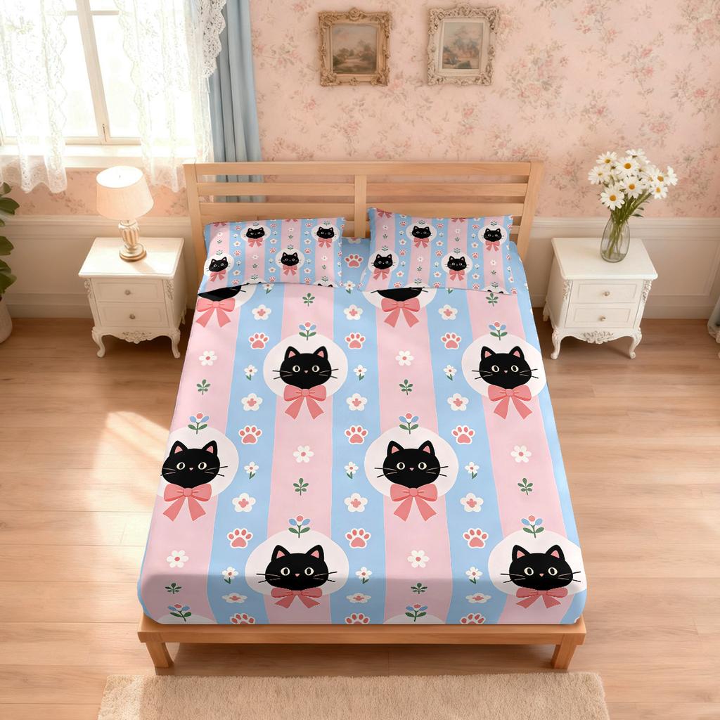 3pcs Cartoon Cute Cat Printed Chipless Bed Sheet Set Multi Size Soft Bed Cover Bedroom Bedding Decoration