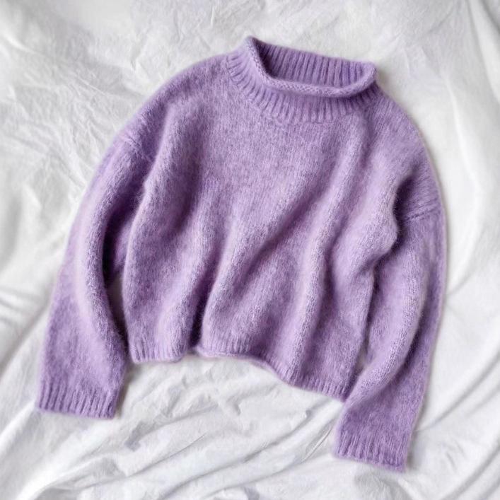 Korean Style Mohair Loose Sweater - Autumn/Winter Round Neck Rolled Hem Pullover for Women