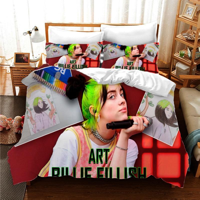 Set Biancheria da Letto Billie Eilish Stampa 3D Singolo/Gemello/Matrimoniale/Queen/King Size Adulto Camera da Letto Copripiumino Set Regalo Anime