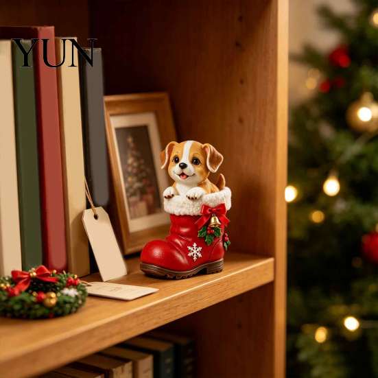 Seasonal Living Room Accents Christmas Puppy in Santa Boot Resin Figurine, Cute Dog Holiday Tabletop Decor with Ornaments Bow Bell Holly, Festive Home