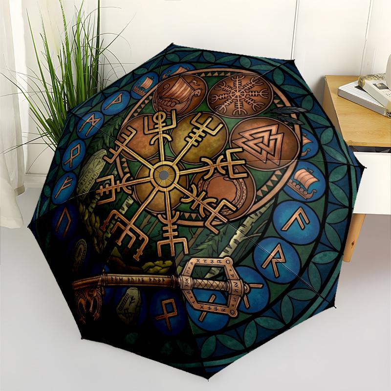Symbols Runes pattern umbrella, portable and foldable design, 8 ribs, a casual accessory for Halloween, Christmas, and birthday gifts.