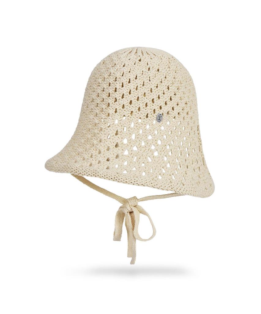 Bajal Va Curved Oval Metallic Knit Punched Bonnet Hat Beige