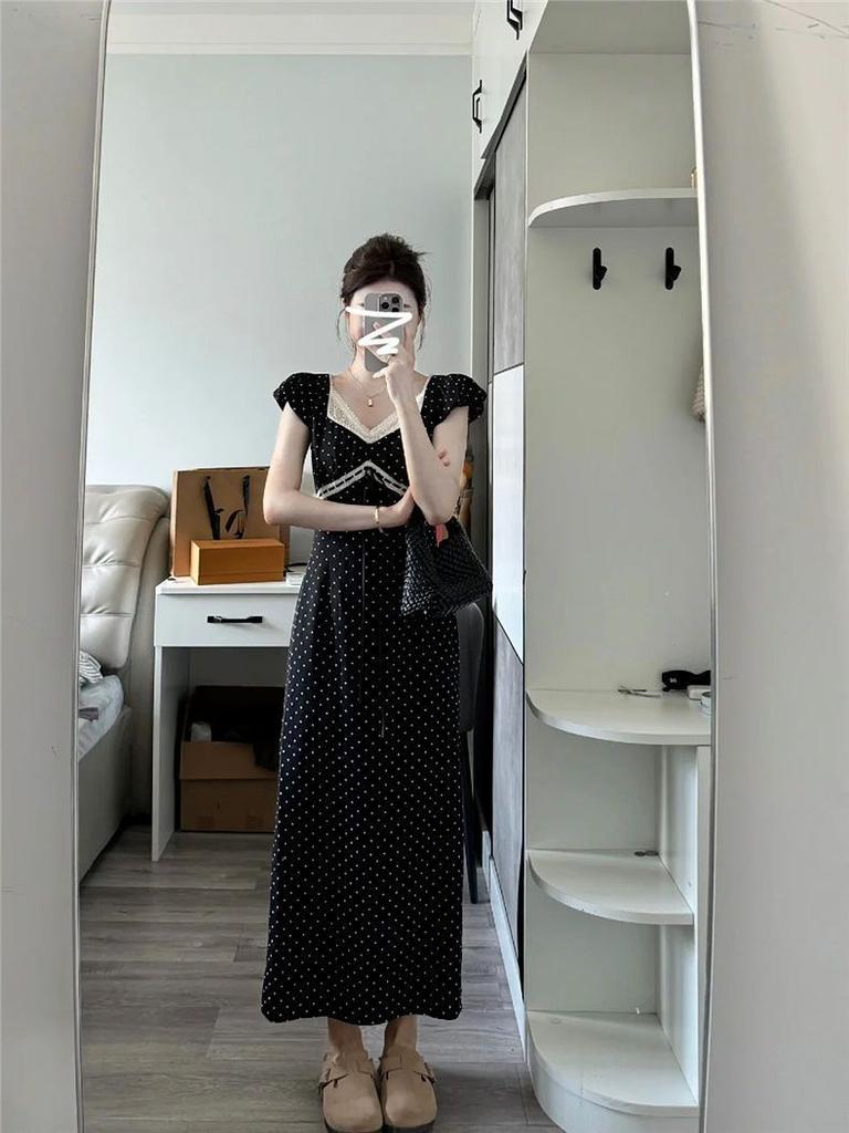 French Coffee Break Temperament Long Dress Women's Summer New Design Feeling Waist Thin Black Polka Dot Dress
