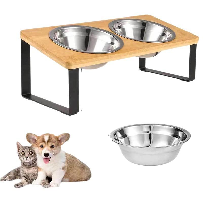 

Wooden pet bowl stand Ironwood combined double bowl Cat and dog food bowl rack Heightened cervical protection feeding device