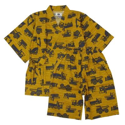 Junior Jinbei Set mit funktionierender Vorderseite, elastisch, Senf, 140cm, Jungen, Fahrzeuge, Baumwolle, Bindeband, Taille, Farbe,