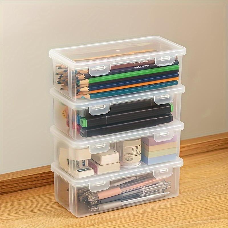 4pcs Plastic Clear Storage Box, Desktop Pen Pencil Marker Box, Flip Organizer With Hinged Lid, Back To School Supplies, Office Storage Box