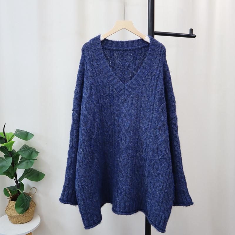 

Вязаный свитер с V-образным вырезом в стиле ретро, с ленивым ветром, осенне-зимний новый утолщенный свитер средней длины, пуловер, женский One Size синий