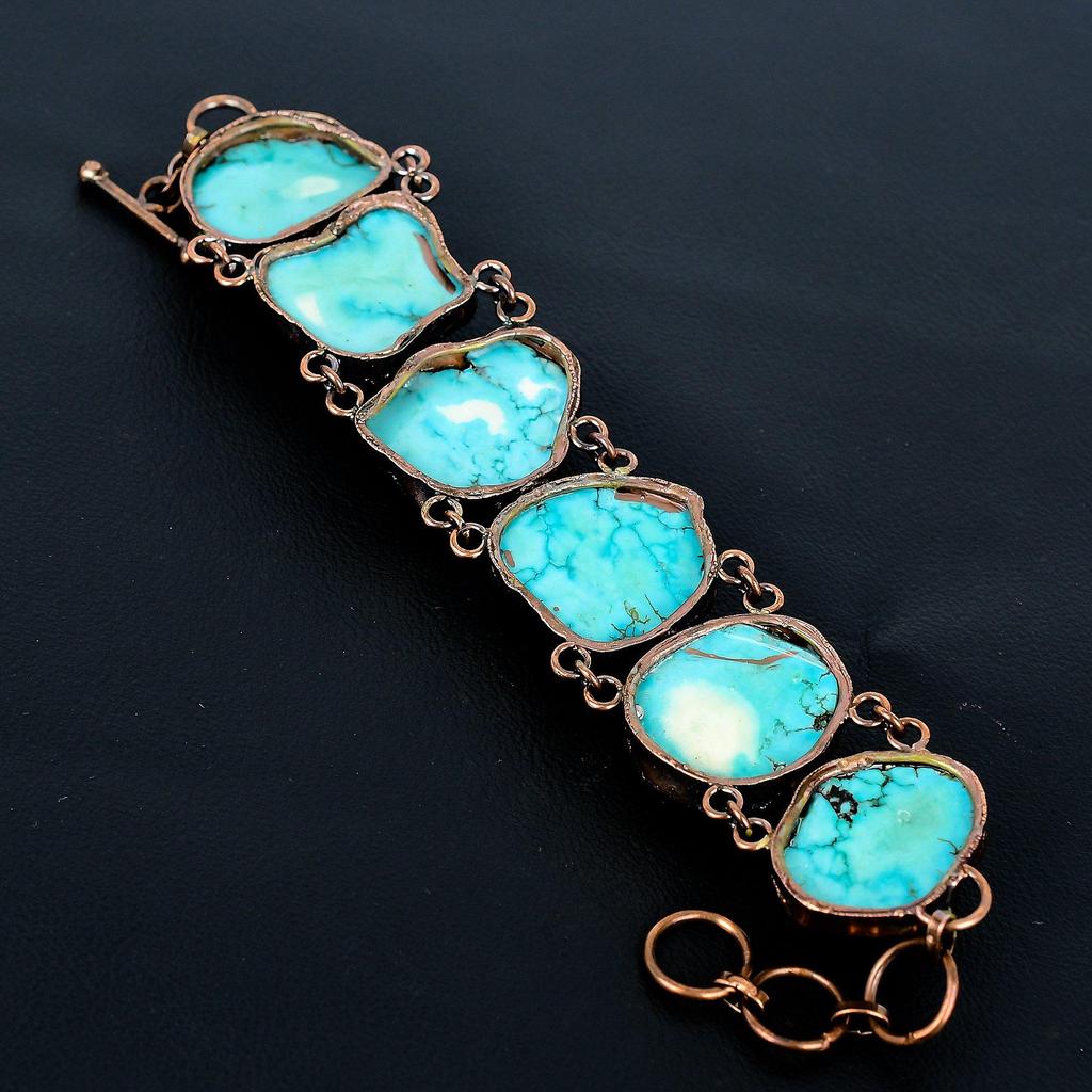 Turquoise Tumble Gemstone Copper Electroformed Jewelry, Handmade Jewelry Adjustable Chain Bracelet Gift For Love