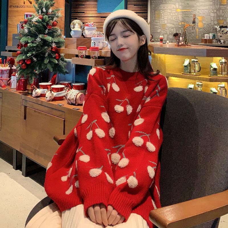 Autumn 2023 Girls' Sweet Red Cherry Sweater - Japanese Style, Loose Fit, Long Sleeve
