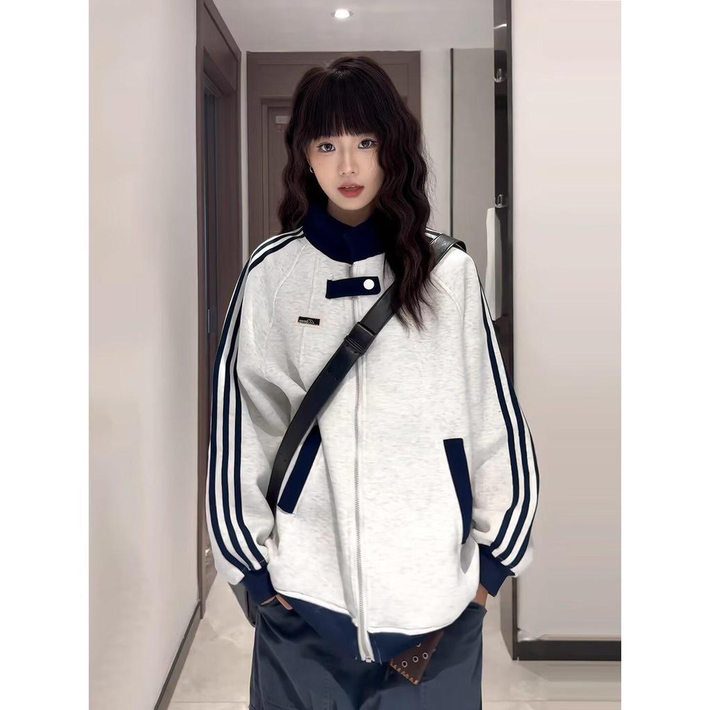 Unisex College Style Baseball Hoodie Jacket: Trendy, Loose-Fit, Stand-Up Collar for Autumn/Winter.