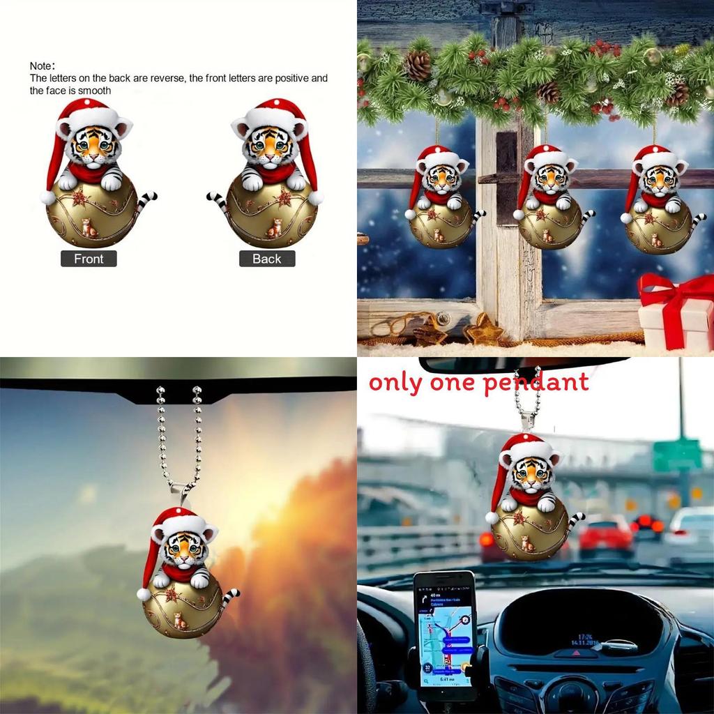 Car Decor Keyring With Cartoon Tiger Wearing Christmas Hat Design Acrylic Ornament For Travel And Gift