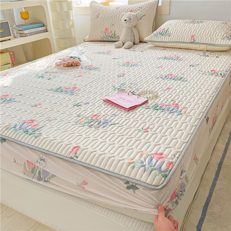 3-teiliges Sommer-Bettrock-Set für Mädchen aus Spitze, Latex, Kühler, weiche Matratzenunterlage, waschbar, Eisseide, Spannbettlaken-Set mit Kissenbezug