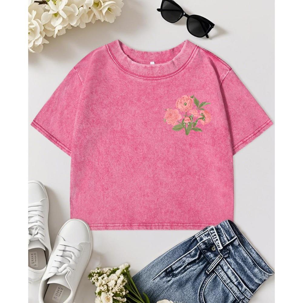 Pink Beautiful Flowers Forever Print Women Washed Slim T-Shirt Casual Short Sleeve Cotton Y2K T Shirts Soft Tops