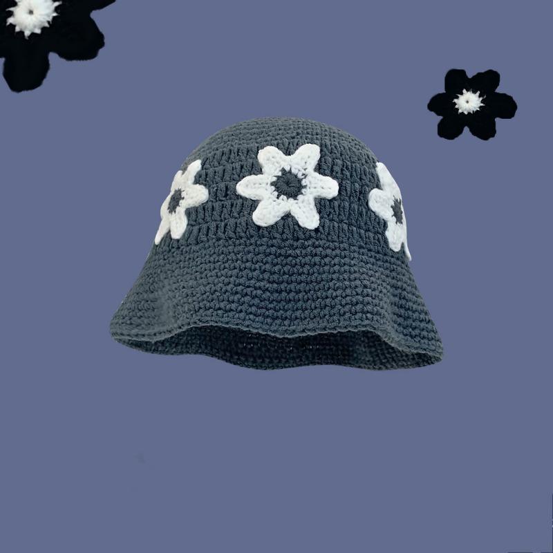New fresh flower handmade knitted wool hat female sweet versatile face small bucket hat plain face