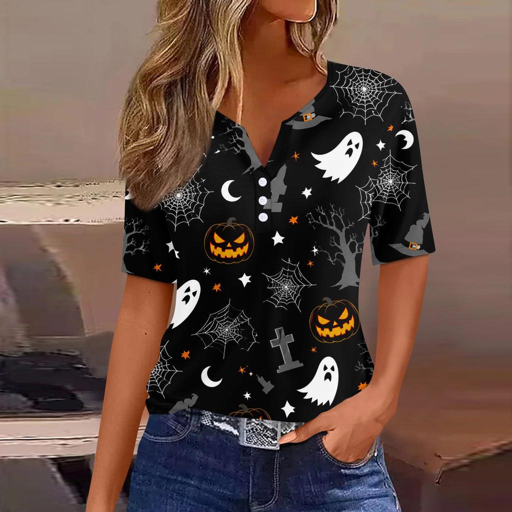 Women Casual Halloween Print V Neck Short Sleeve Button T Shirt Top Lightweight Breathable Soft Fabric Relaxed Fit