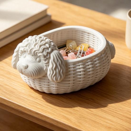 Paper Clip Storage Box Poodle Shaped Organizer, 3D Print Decorative Ornament, Plastic Novelty Desk Decoration White Container for Small Objects