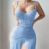 Damen Spitzenkorsett Slipkleid Spaghettiträger Raffung Netz Schlitz Minikleid Sexy Nachtwäsche Party Bodycon Kleider