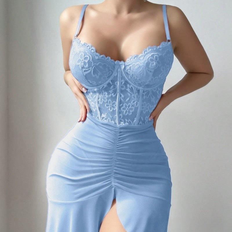 Damen Spitzenkorsett Slipkleid Spaghettiträger Raffung Netz Schlitz Minikleid Sexy Nachtwäsche Party Bodycon Kleider