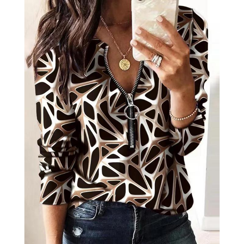 

Women s Summer New Casual Long-sleeved Lapel Loose Shirt Retro Geometric Print Elegant Women s Top Street Commuter Women s Top XL