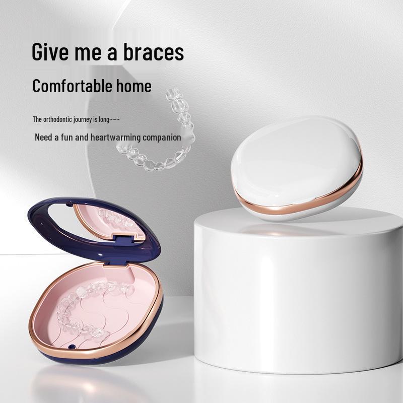 Portable Orthodontic Retainer & Denture Storage Box with Mirror and Braces Soaking Feature