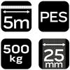 Pas mocujący z grzechotką 25 mm x 5 m, wytrzymujący 500 kg PES