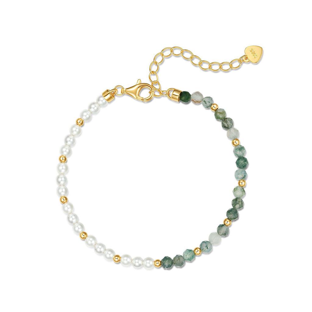 Minimalist Moss Agate & Pearl S925 Silver Bracelet