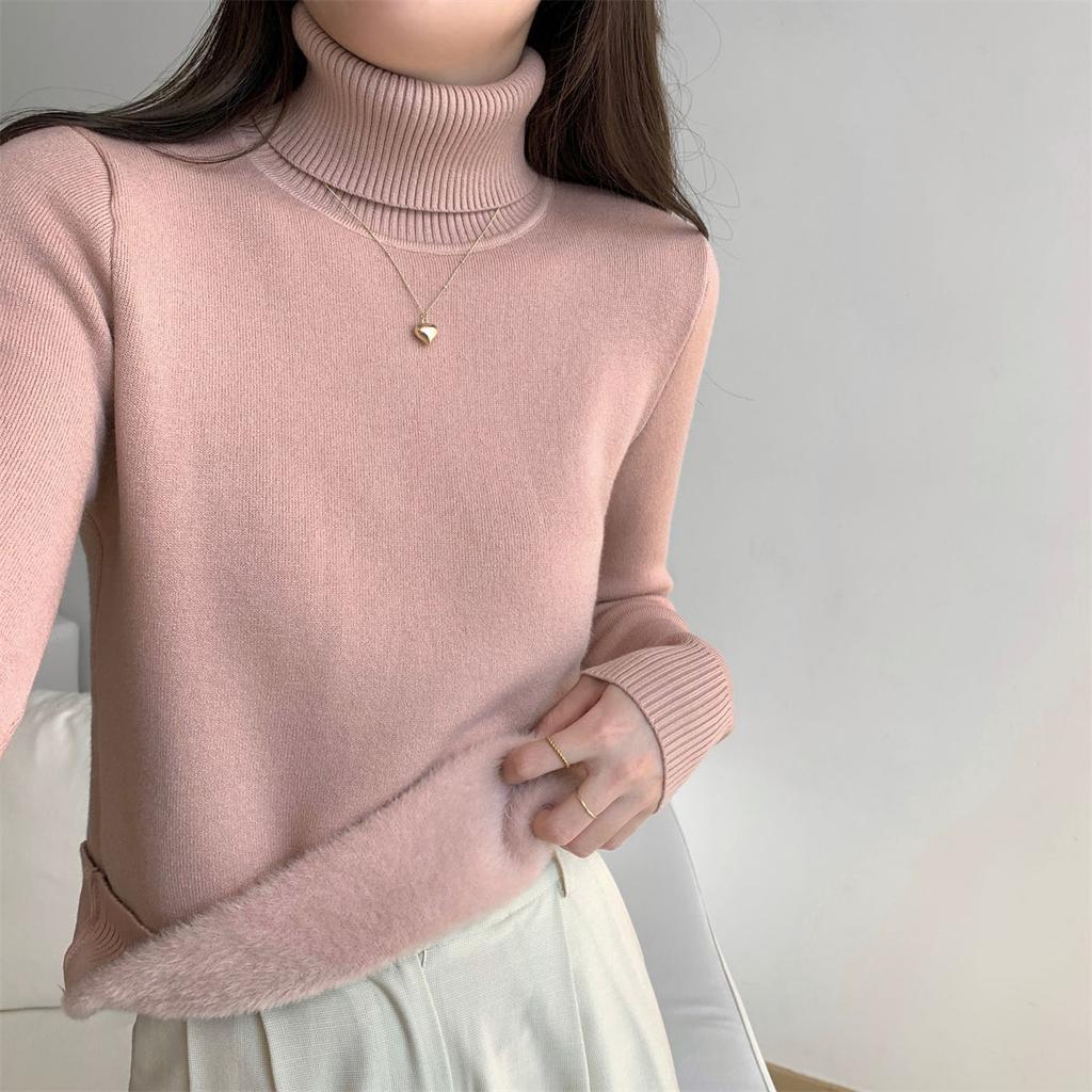 Solid color turtleneck integrated fleece thickened inner top women's winter simple basic knitted bottoming shirt soft waxy sweater