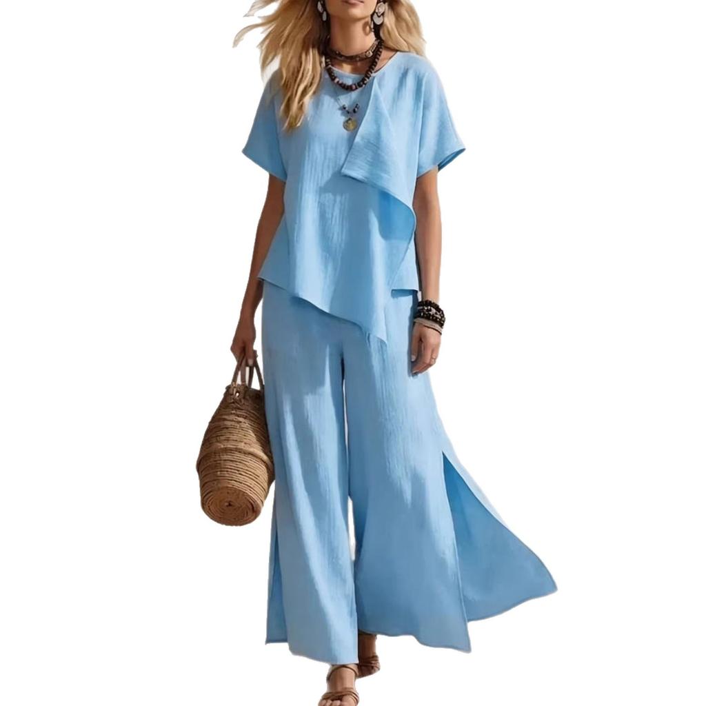 Women's Beige Short Sleeve Top and Wide Leg Pants Two Piece Set with Asymmetrical Pleat Detail