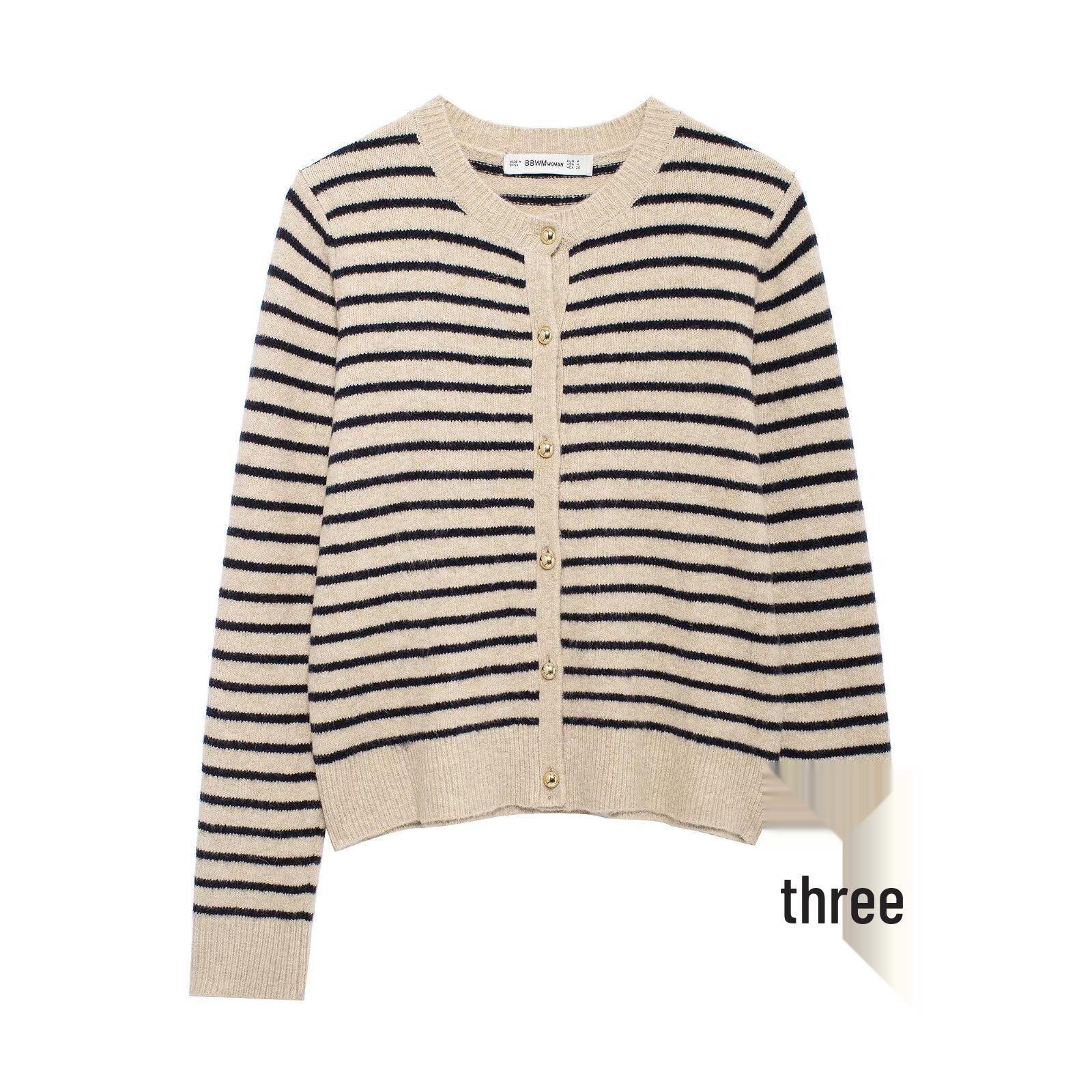 

Весна 2025 Женский полосатый вязаный кардиган с круглым вырезом Large хаки