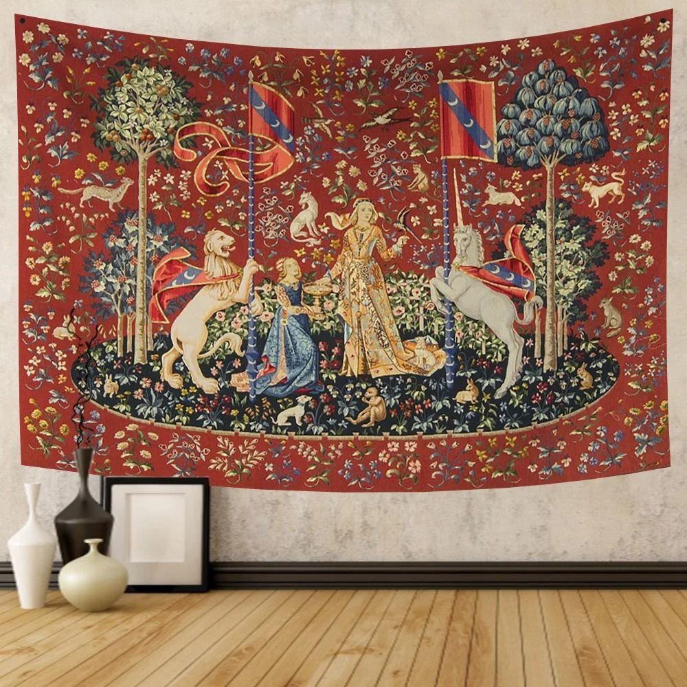 Medieval Mythical Tapestry European Classic Unicorn and Lion Pattern Wall Hanging for Bedroom Living Room Decor