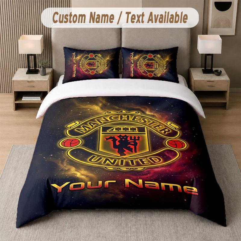 Juego de Cama Personalizado Patrón Manchester United, Estampa Nombre Texto 1 Funda Nórdica más 2 Fundas de Almohada Textil para el Hogar