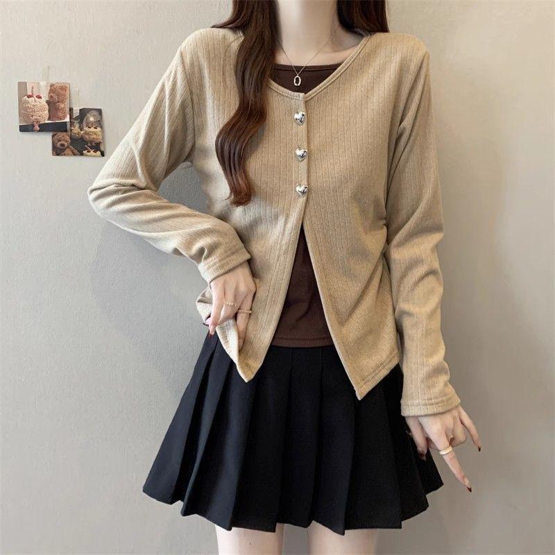 

Two-Piece Patchwork Long-Sleeve Cropped Base Layer Women s Slimming Top for Autumn/Winter Large