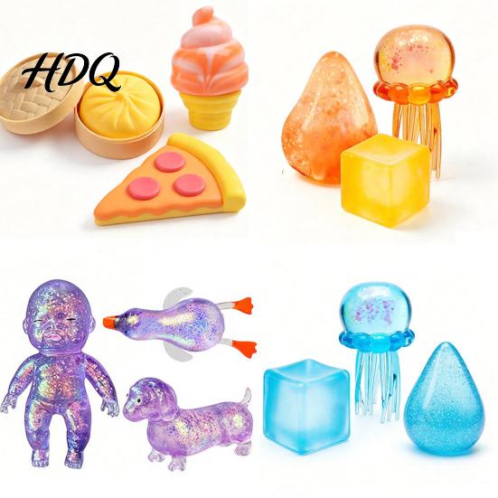 Duck Squeeze Toy 3Pcs Stress Relief Soft Stretchy Jellyfish Dog Baby Portable Ball Pizza Bun Ice Cream Waterdrop Cube Sensory Pinch Party Favors