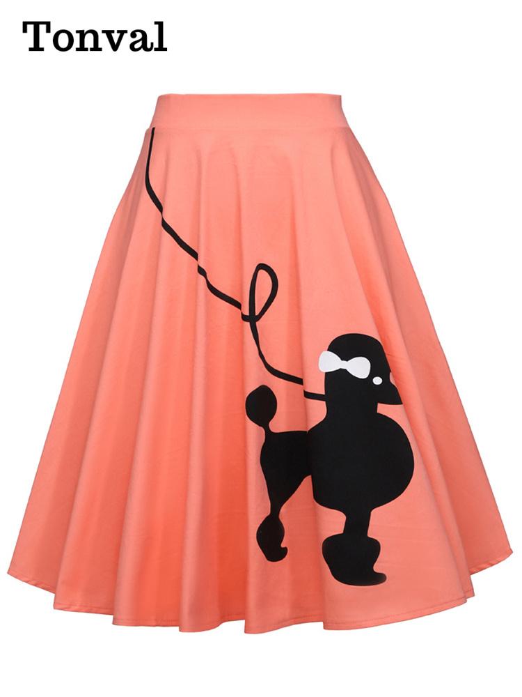 Tonval Pinup 50s Dog Print Kawaii Vintage High Waist Skirts for Women Cotton A Line Knee Length Retro Swing Skirt