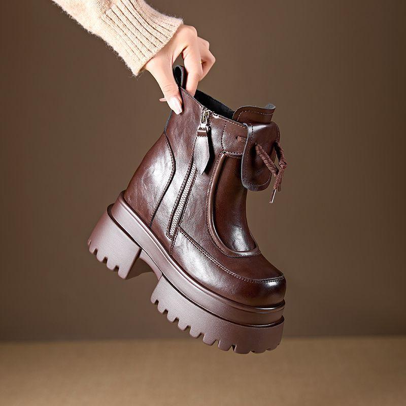 Increase Height Leather Booties Square Toe Chunky Ankle Boots for Women Fashion 2025 Y2k New in Autumn Winter Woman Short Shoes