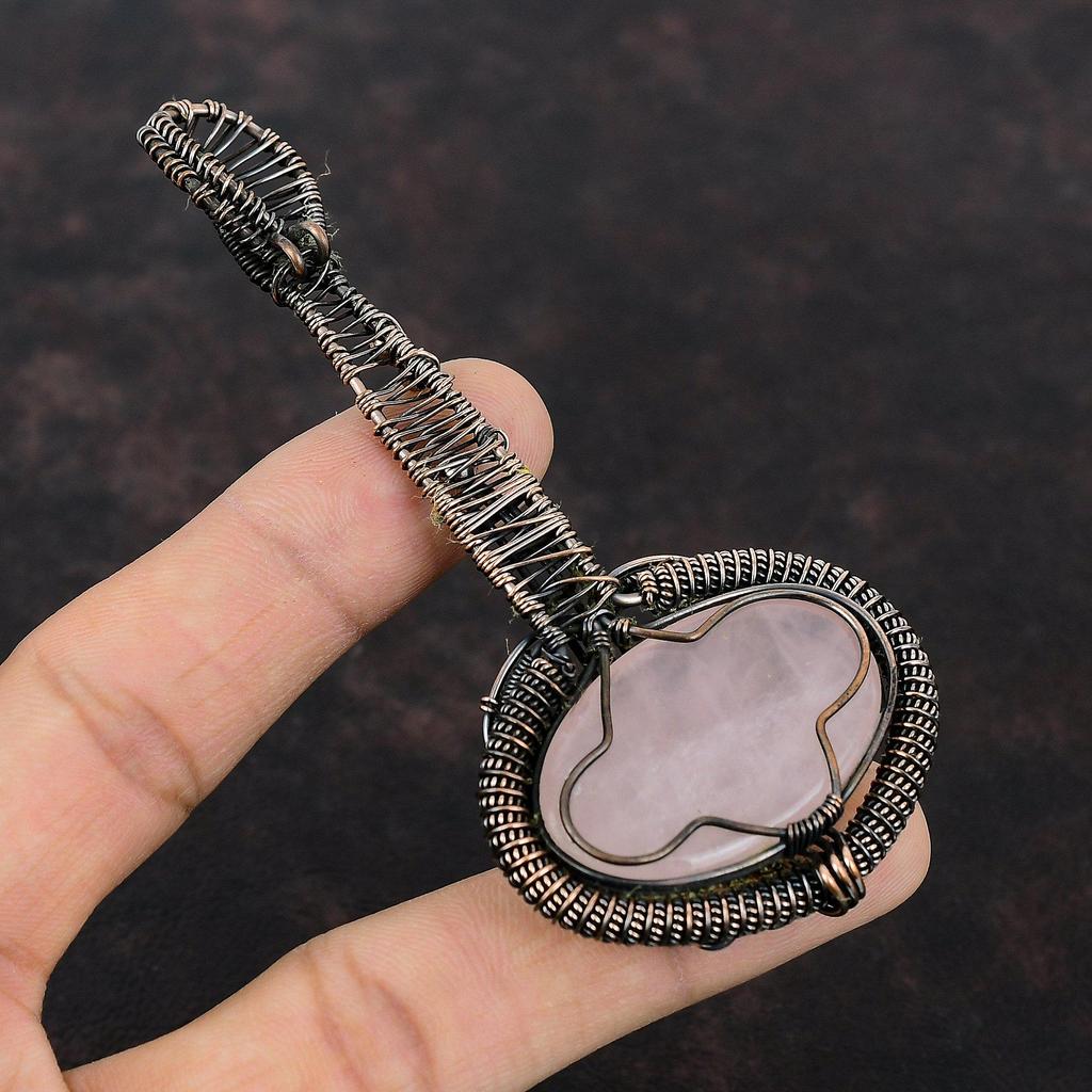 Rose Quartz Pendant Copper Wire Wrapped Pendant Guitar Pendant Copper Jewelry Handmade Pendant Gemstone Pendant Gift For Mother Wire Jewelry